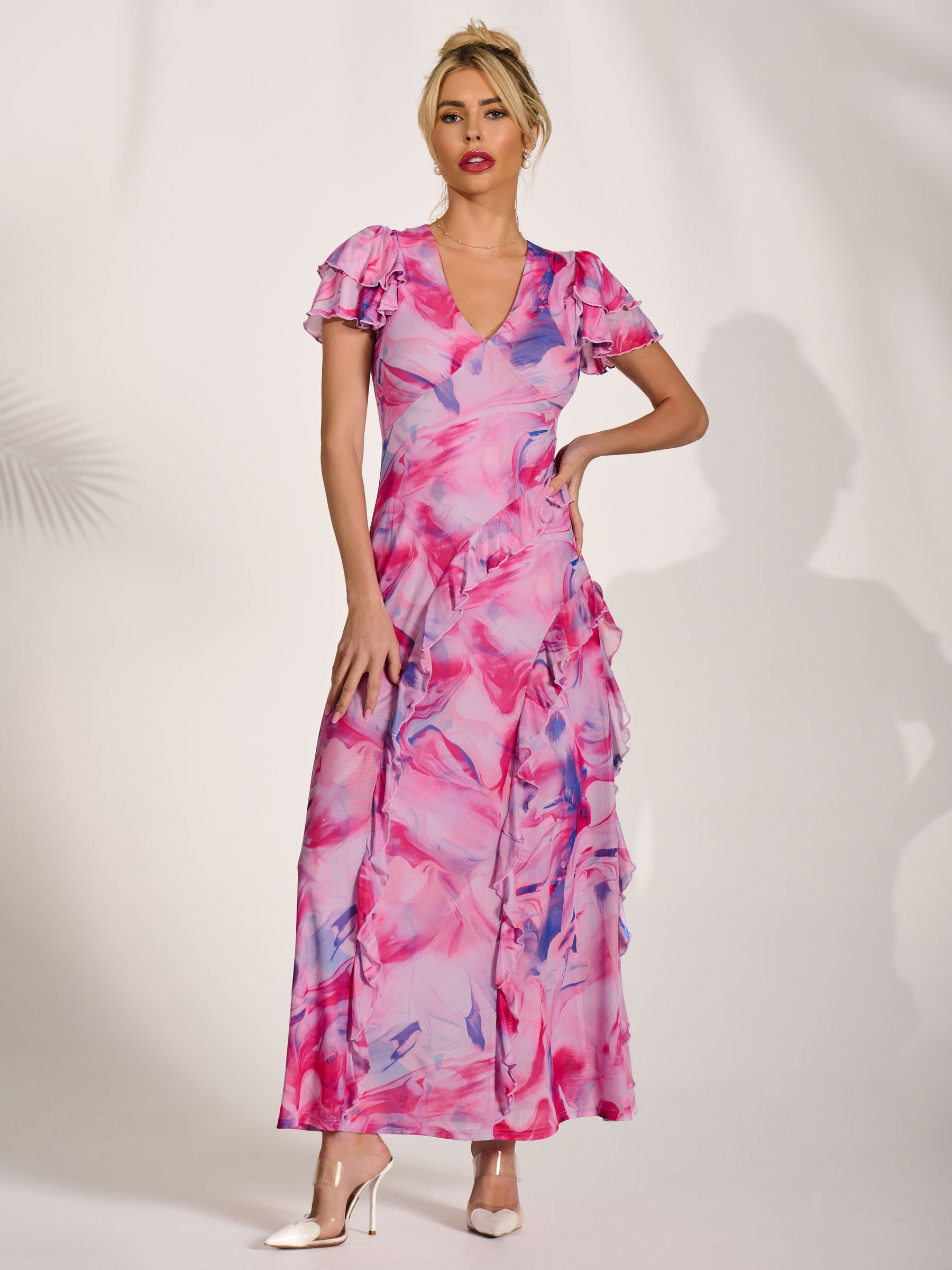 Buy Jolie Moi Pink Cap Sleeve Ruffle Mesh Maxi Dress from Next USA