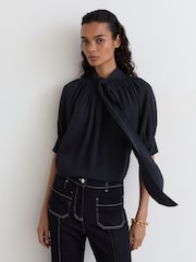 Reiss Navy Lerina Tie-Neck Short-Sleeve Blouse - Image 1 of 5