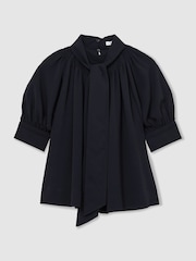 Reiss Navy Lerina Tie-Neck Short-Sleeve Blouse - Image 2 of 5