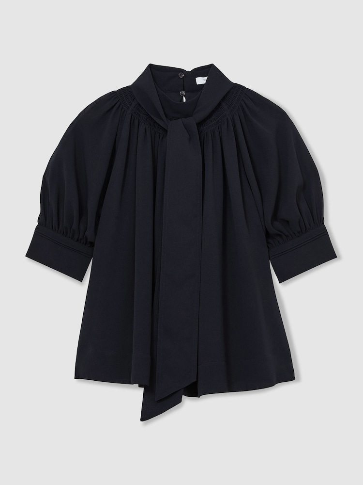 Reiss Navy Lerina Tie-Neck Short-Sleeve Blouse - Image 2 of 5
