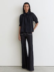 Reiss Navy Lerina Tie-Neck Short-Sleeve Blouse - Image 3 of 5