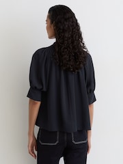 Reiss Navy Lerina Tie-Neck Short-Sleeve Blouse - Image 4 of 5