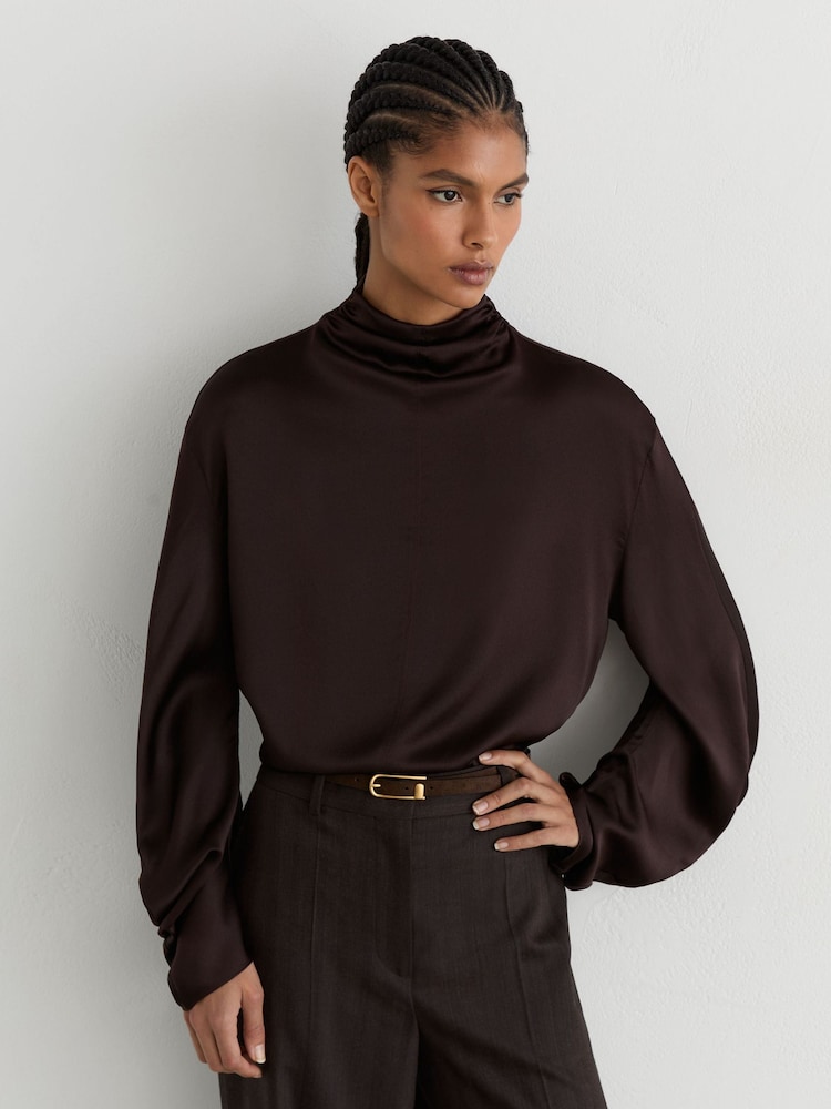 Reiss Grape Burgundy Meena Silk High-Neck Blouse - Image 1 of 7