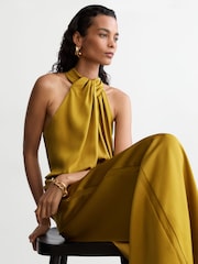 Reiss Chartreuse Green Finley Satin Draped Wide-Leg Jumpsuit - Image 1 of 6