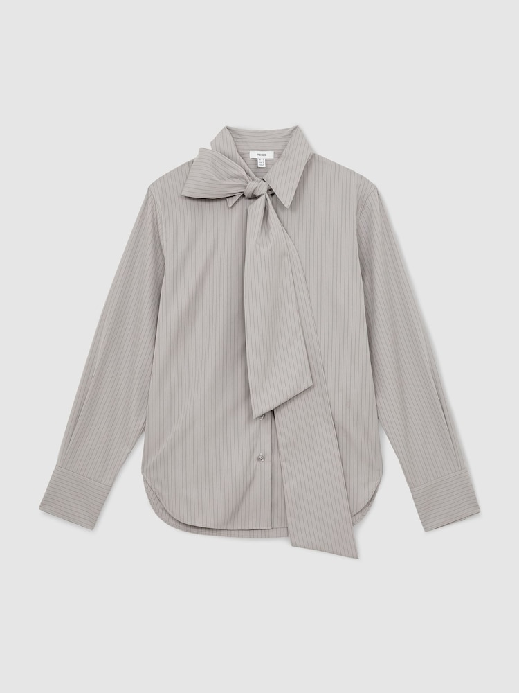 Reiss Grey Elowen Cotton Striped Tie-Neck Shirt - Image 2 of 8 Reiss Grey Elowen Cotton Striped Tie-Neck Shirt - Image 2 of 8