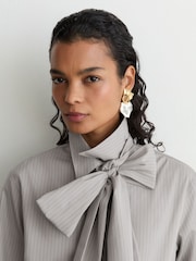Reiss Grey Elowen Cotton Striped Tie-Neck Shirt - Image 3 of 8