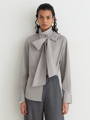 Reiss Grey Elowen Cotton Striped Tie-Neck Shirt - Image 4 of 8