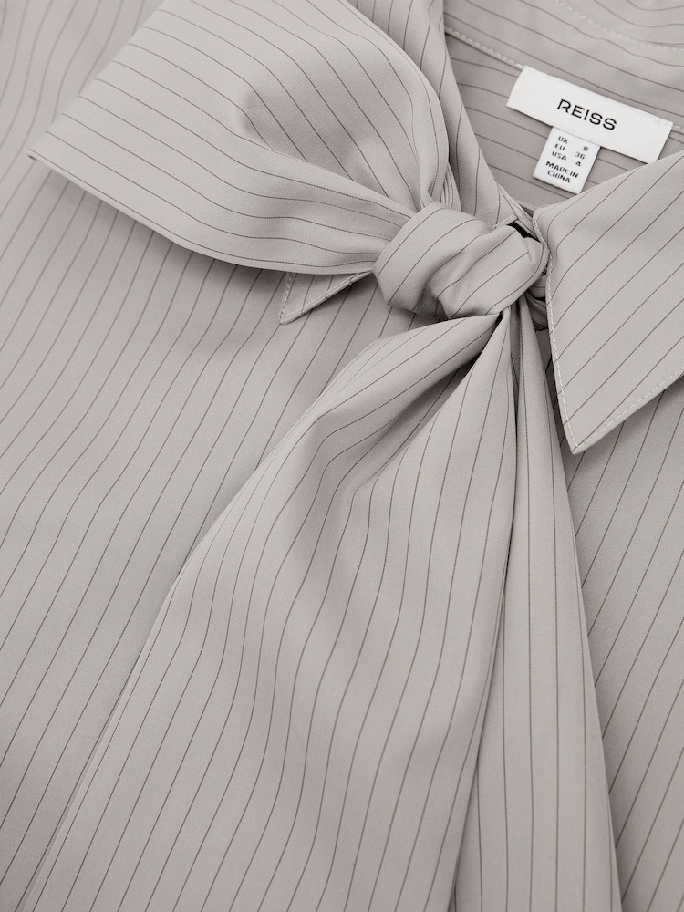 Reiss Grey Elowen Cotton Striped Tie-Neck Shirt - Image 8 of 8 Reiss Grey Elowen Cotton Striped Tie-Neck Shirt - Image 8 of 8