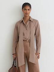 Reiss Mocha Brown Elowen Cotton Striped Tie-Neck Shirt - Image 1 of 6