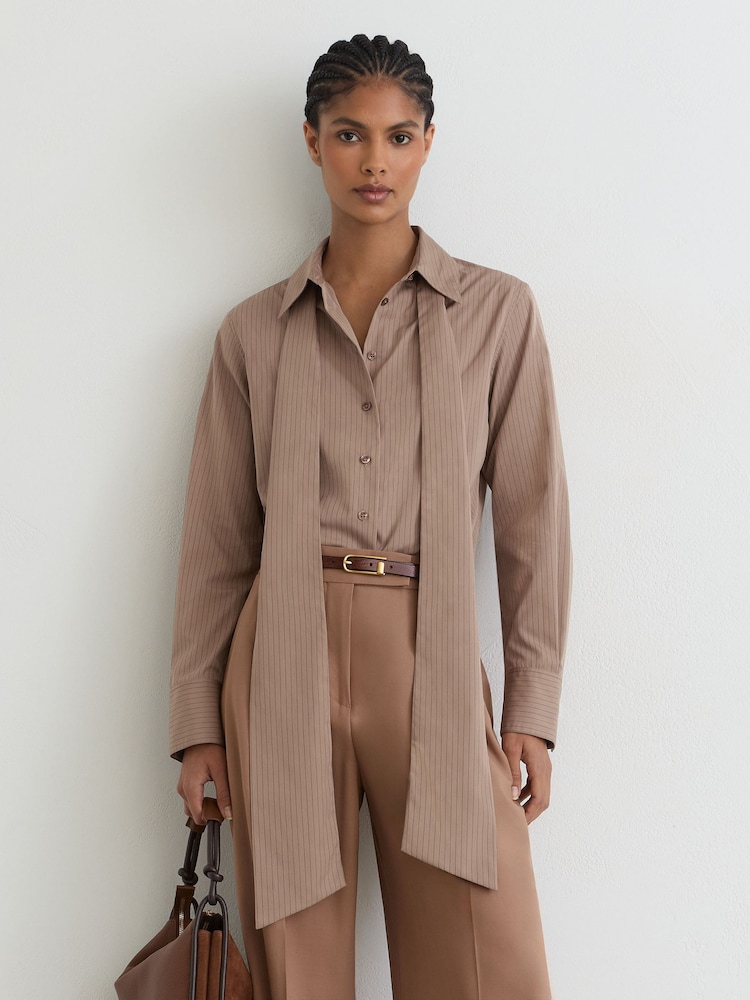 Reiss Mocha Brown Elowen Cotton Striped Tie-Neck Shirt - Image 1 of 6 Reiss Mocha Brown Elowen Cotton Striped Tie-Neck Shirt - Image 1 of 6