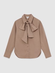 Reiss Mocha Brown Elowen Cotton Striped Tie-Neck Shirt - Image 2 of 6