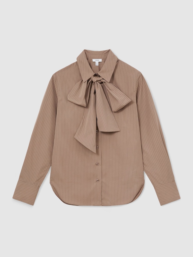 Reiss Mocha Brown Elowen Cotton Striped Tie-Neck Shirt - Image 2 of 6 Reiss Mocha Brown Elowen Cotton Striped Tie-Neck Shirt - Image 2 of 6