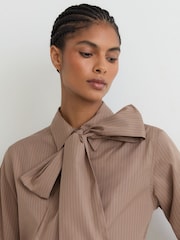 Reiss Mocha Brown Elowen Cotton Striped Tie-Neck Shirt - Image 3 of 6