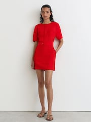 Reiss Red Aria Tuck-Detail Belted Mini Dress - Image 4 of 7