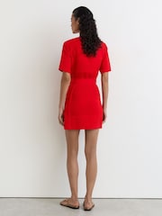 Reiss Red Aria Tuck-Detail Belted Mini Dress - Image 5 of 7