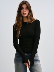 The Set Premium Sheer Long Sleeve Crew Neck T-Shirt With Wool Black - Image 1 of 6