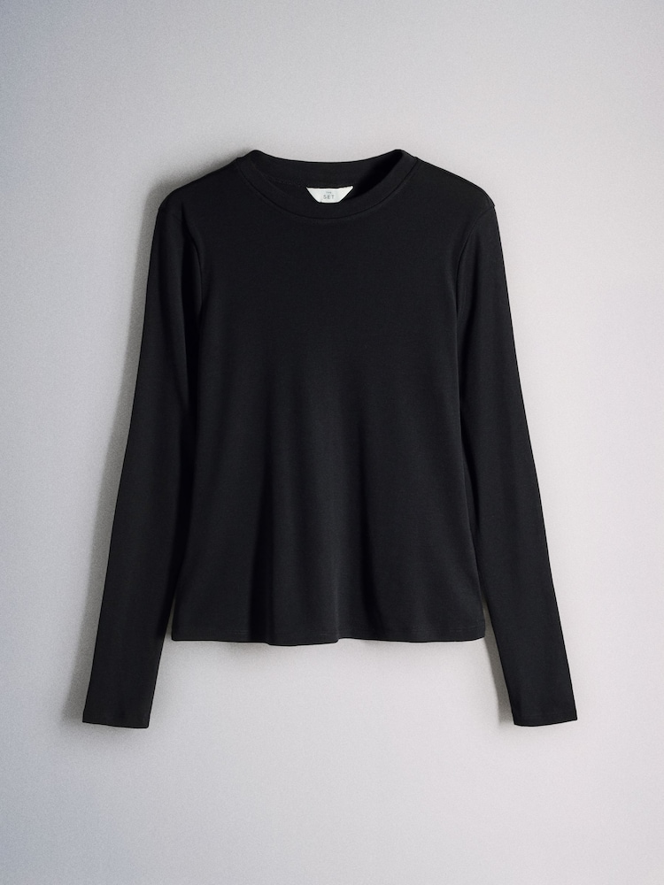 The Set Premium Sheer Long Sleeve Crew Neck T-Shirt With Wool Black - Image 2 of 6