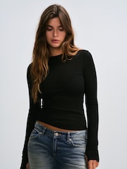 The Set Premium Sheer Long Sleeve Crew Neck T-Shirt With Wool Black - Image 3 of 6