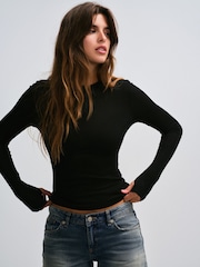 The Set Premium Sheer Long Sleeve Crew Neck T-Shirt With Wool Black - Image 4 of 6