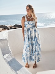 Cream/Blue Ditsy Floral - Summer Midi Dress - 圖片 1/5