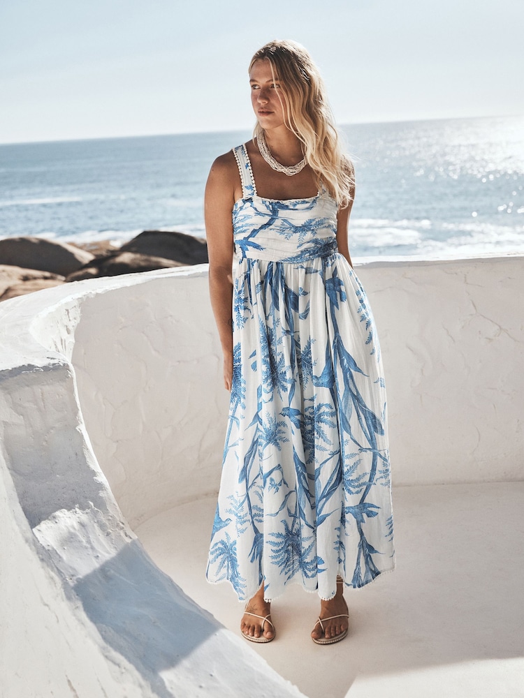 Cream/Blue Ditsy Floral - Summer Midi Dress - 圖片 1/5