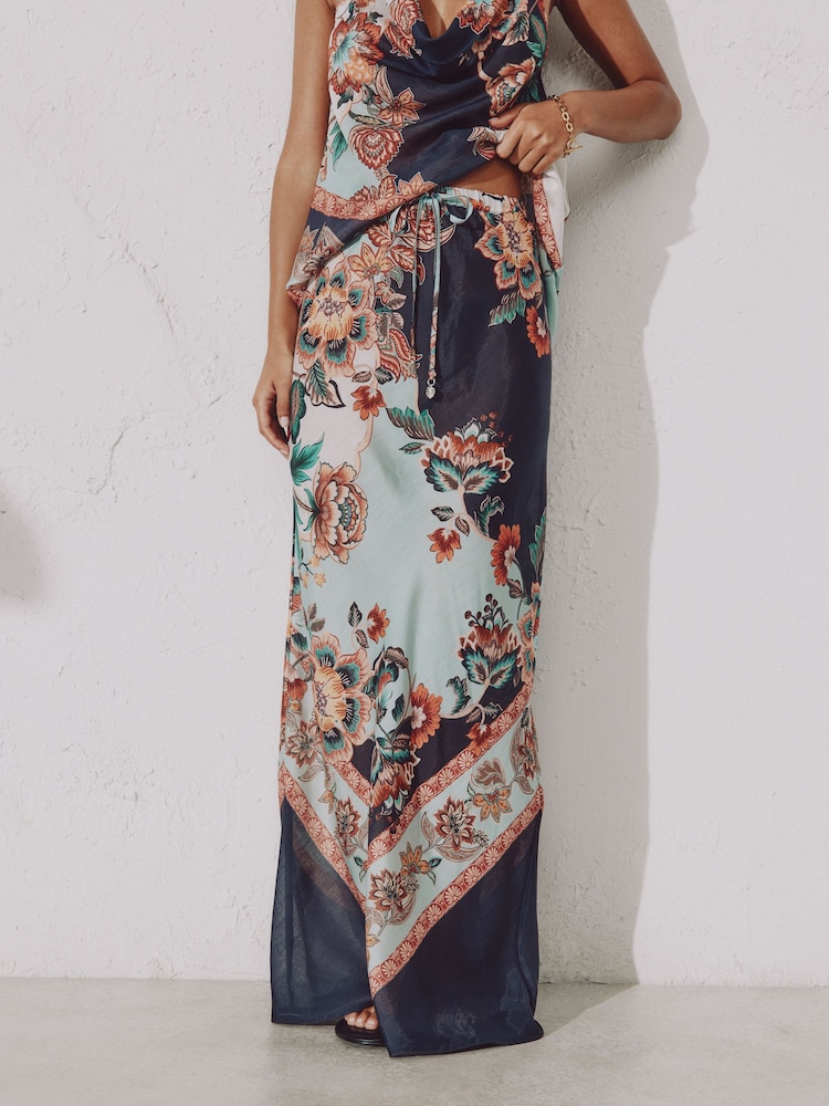 Navy Peach Floral Collumn Skirt - Image 1 of 4