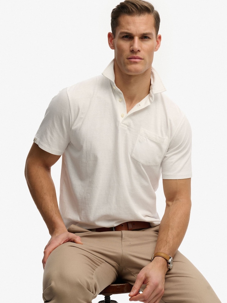 Superdry White Classic Cotton Linen Polo Shirt - Image 1 of 5