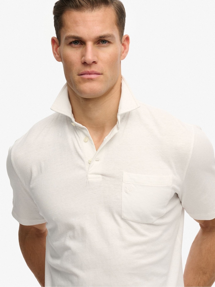 Superdry White Classic Cotton Linen Polo Shirt - Image 5 of 5