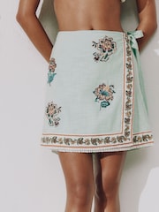 Mint Green Floral Embroidered Wrap Mini Skirt - Image 1 of 4