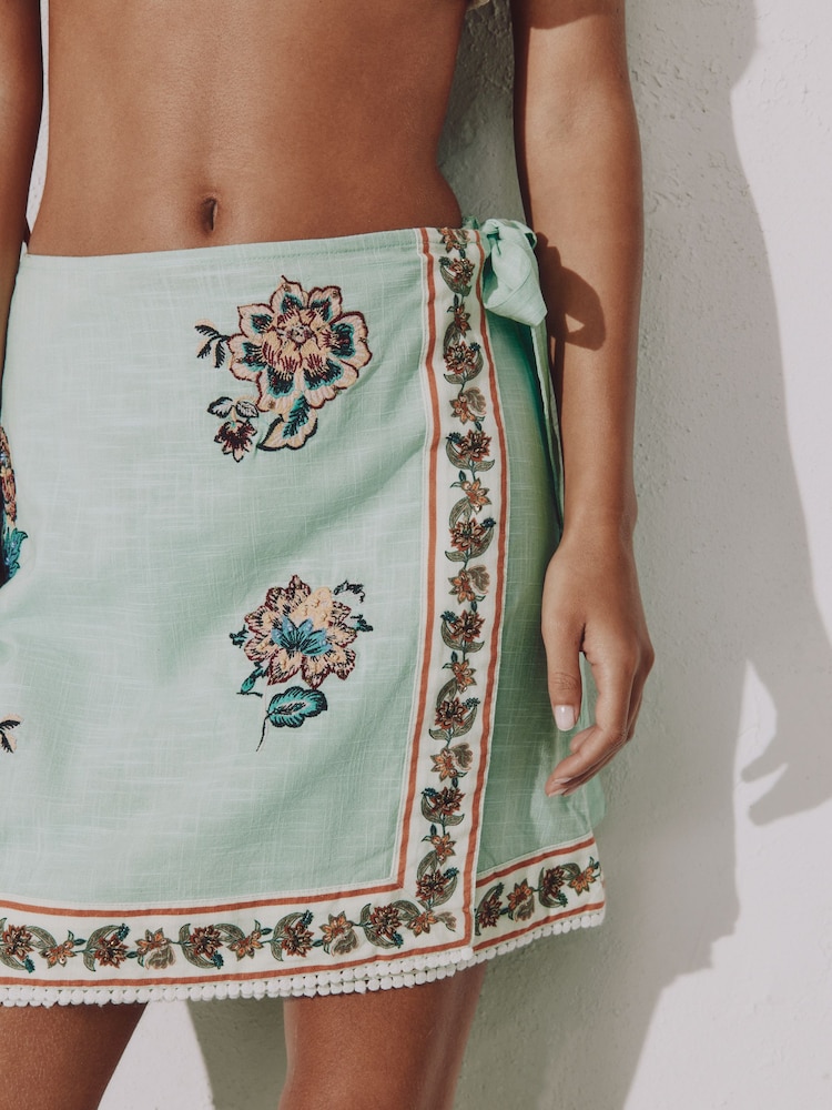 Mint Green Floral Embroidered Wrap Mini Skirt - Image 4 of 4 Mint Green Floral Embroidered Wrap Mini Skirt - Image 4 of 4