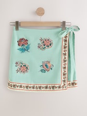 Mint Green Floral Embroidered Wrap Mini Skirt - Image 5 of 7