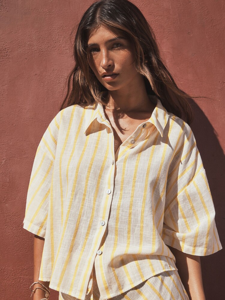 Ocru/Galben Dungă - Relaxed Button Down Shirt with Linen - Imaginea 1 din 5