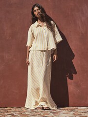 Ocru/Galben Dungă - Relaxed Button Down Shirt with Linen - Imaginea 2 din 5