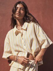 Ocru/Galben Dungă - Relaxed Button Down Shirt with Linen - Imaginea 3 din 5