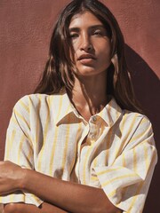 Ocru/Galben Dungă - Relaxed Button Down Shirt with Linen - Imaginea 5 din 5