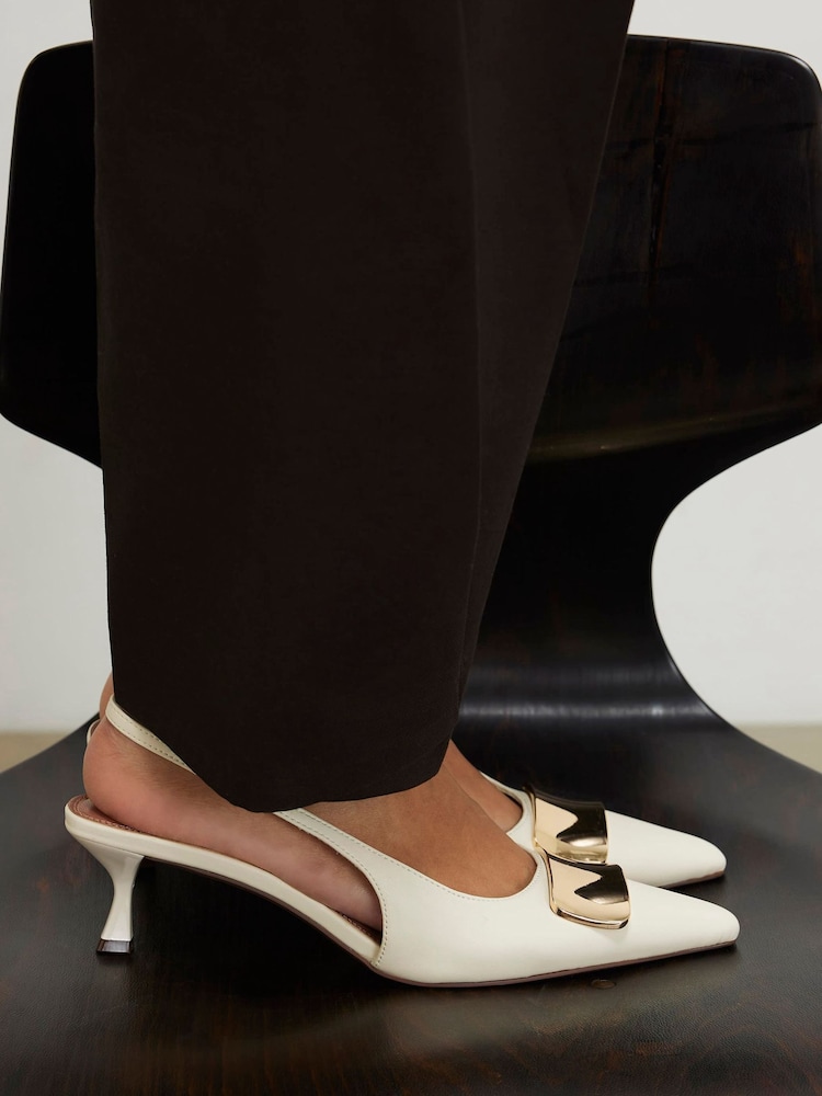 River Island Cream Pointed Toe Slingback Heeled Court Shoes - Image 1 of 6