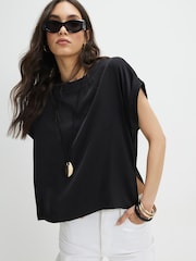 River Island Black Short Sleeve Satin Turn Back Cuff T-Shirt - Image 1 of 4