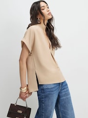 River Island Brown Soft Crepe Notch Neck T-Shirt - Image 3 of 4