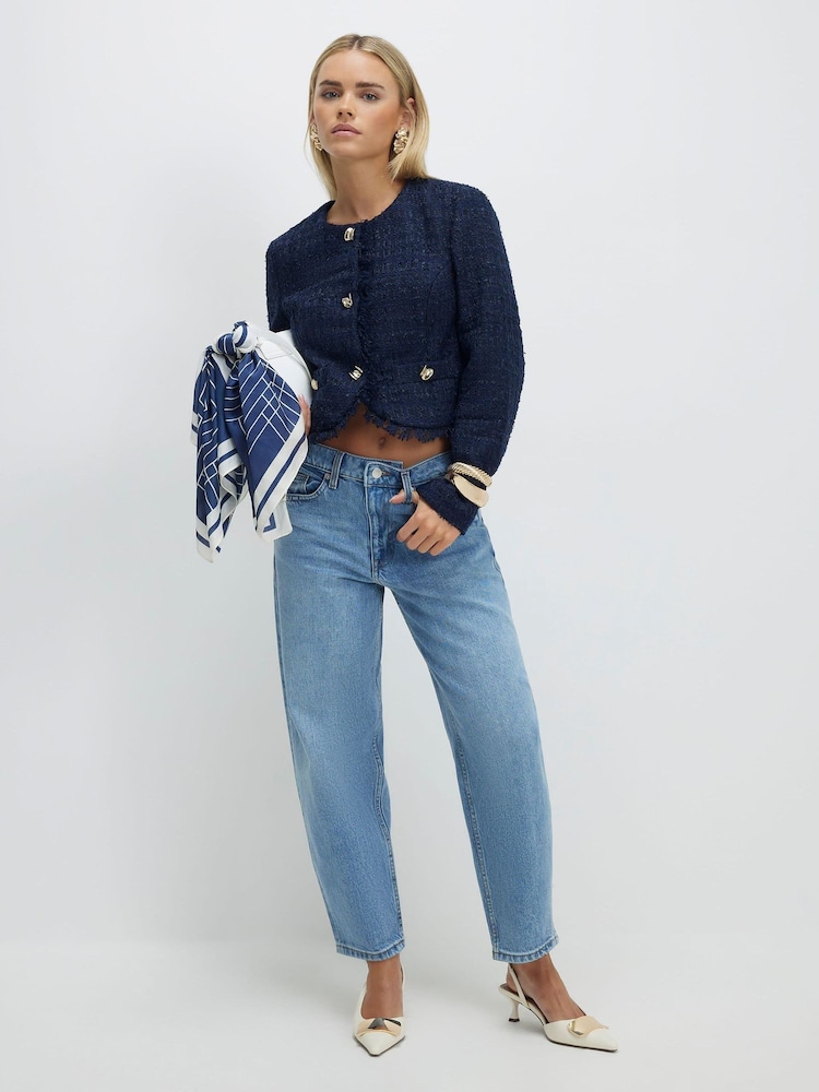 River Island Blue Petite Mid Rise Barrel Leg Jeans - Image 1 of 4