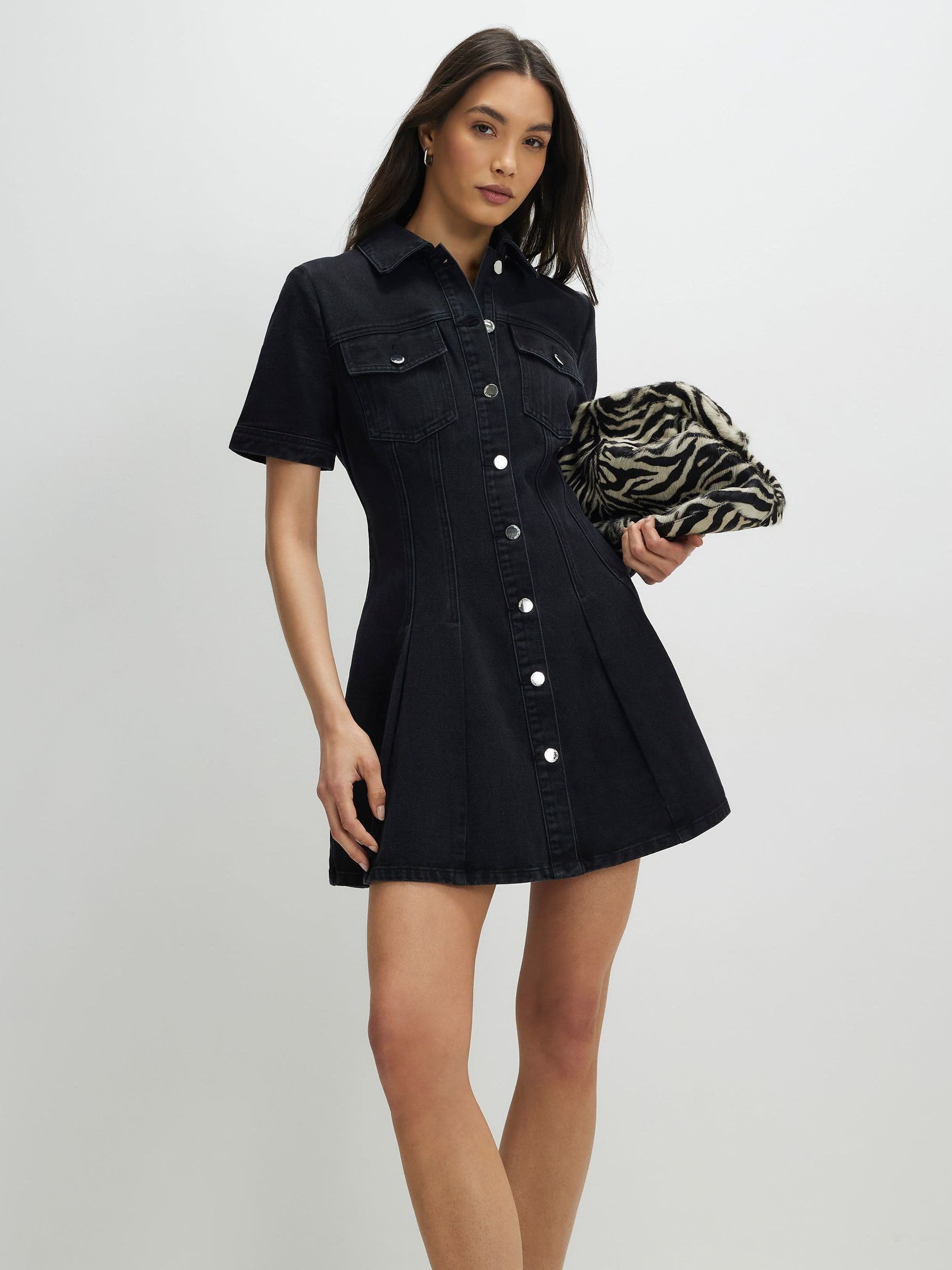 Buy River Island Black Short Sleeve Button Through Pleated Mini