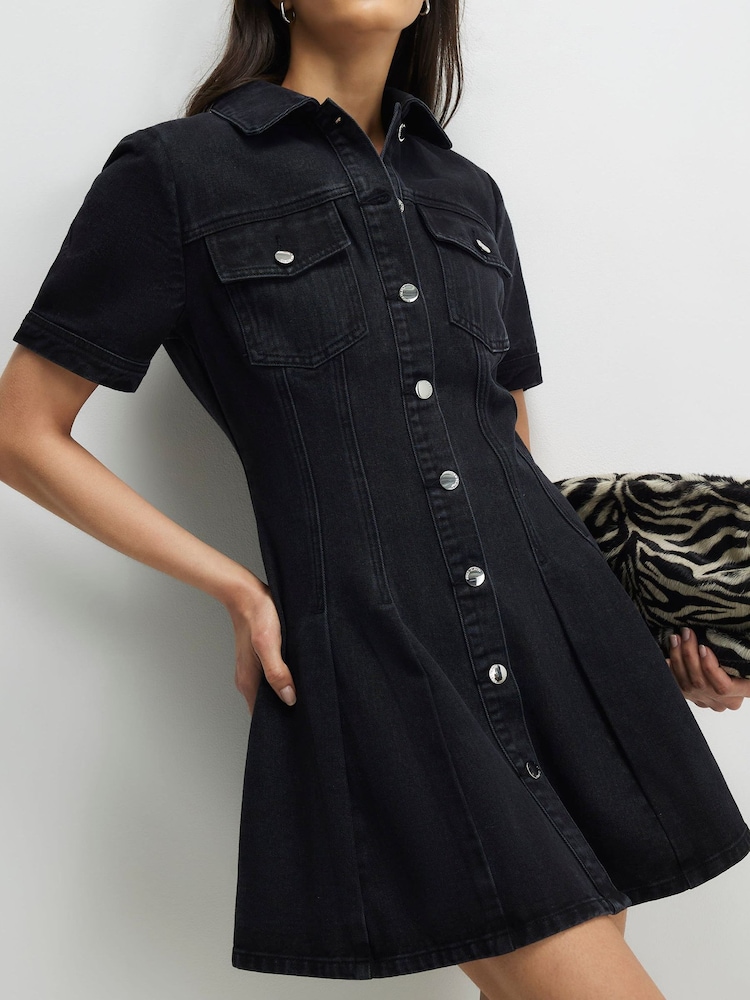 river island black denim dress Black Denim Embroidered Swing Dress