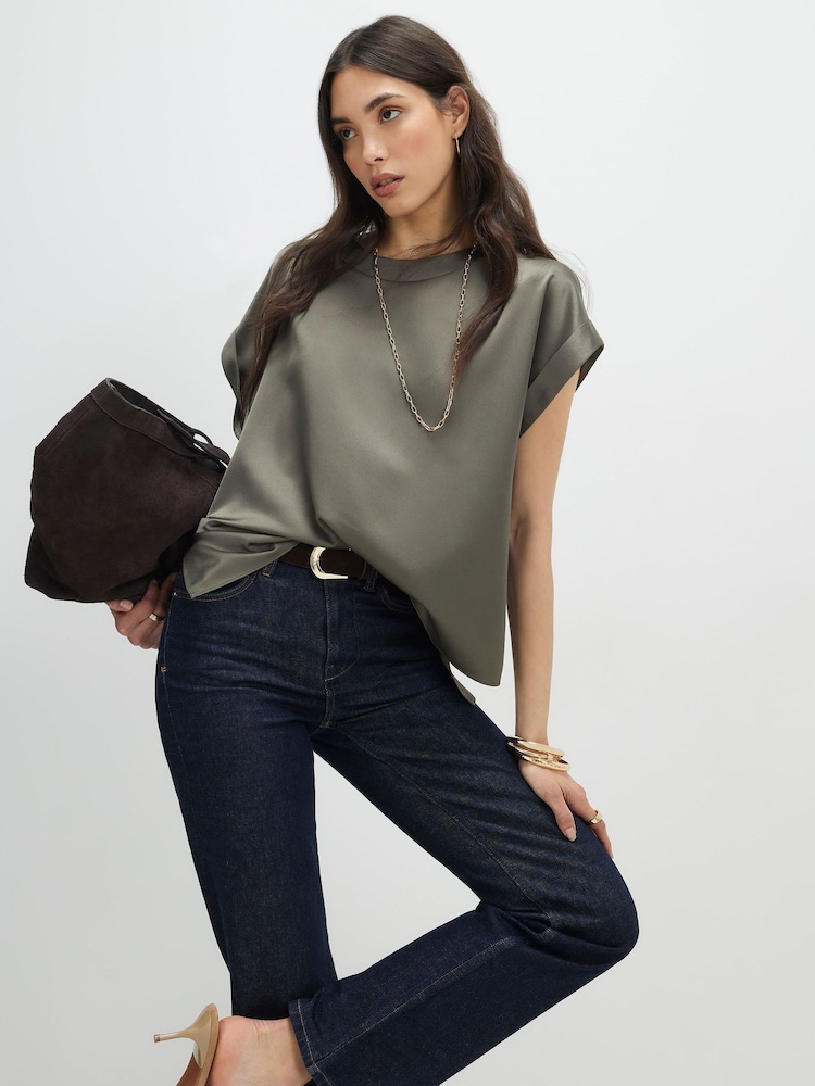 River Island Green Short Sleeve Satin Turn Back Cuff T-Shirt - Image 1 of 4