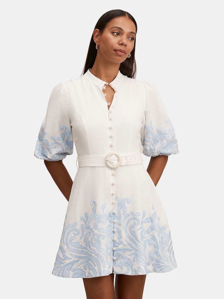 Forever New White Eva Embroidered Mini Dress Contains Linen - Image 1 of 5