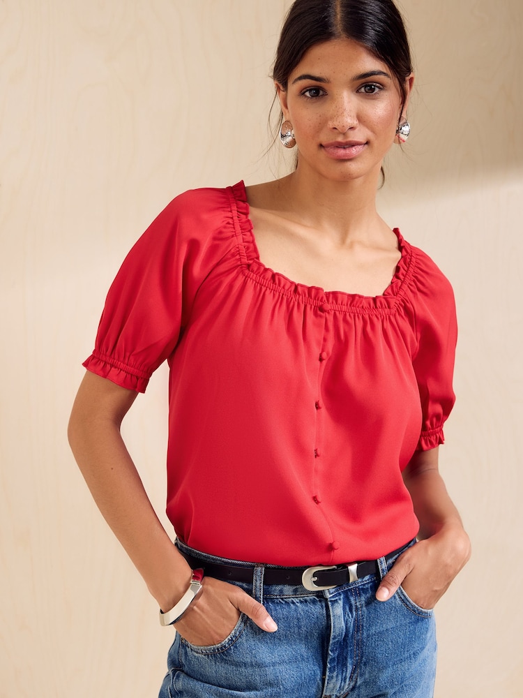 Friends Like These Red Short Sleeve Button Front Blouse - Image 1 of 5