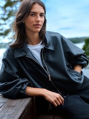 Black Faux Leather Basketweave Bomber Jacket - Image 1 of 7