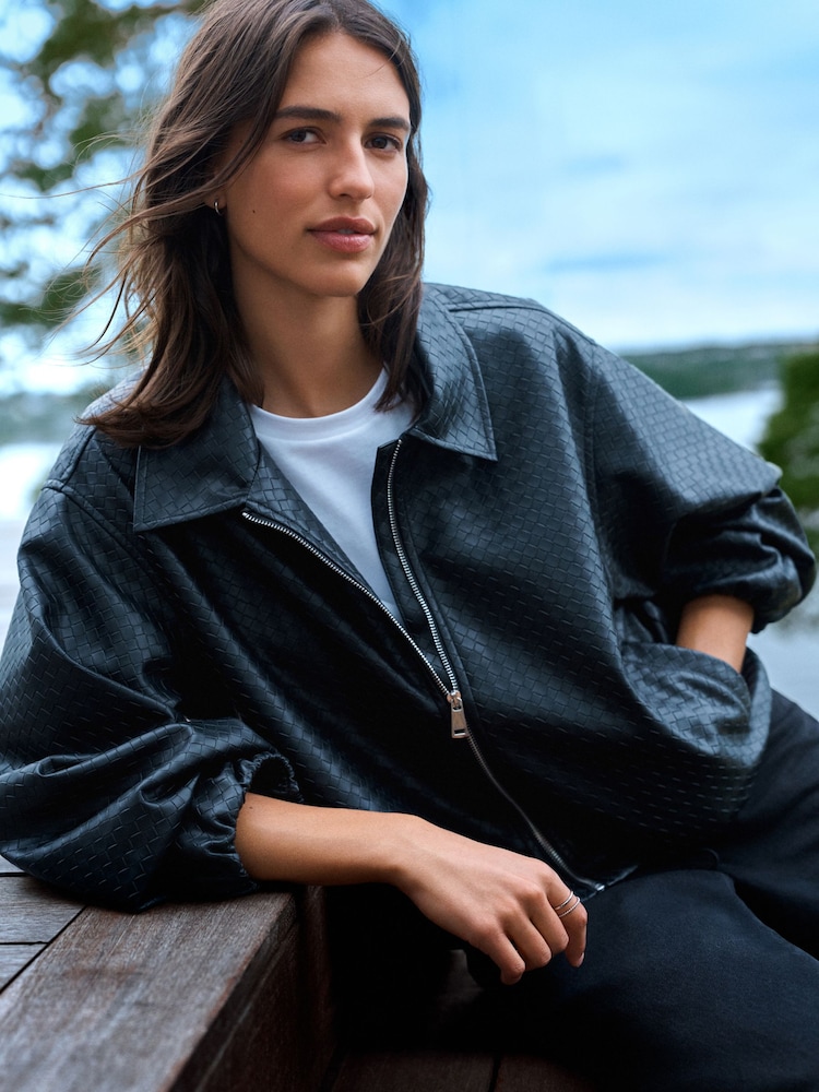 Black Faux Leather Basketweave Bomber Jacket - Image 1 of 7 Black Faux Leather Basketweave Bomber Jacket - Image 1 of 7