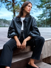 Black Faux Leather Basketweave Bomber Jacket - Image 2 of 7