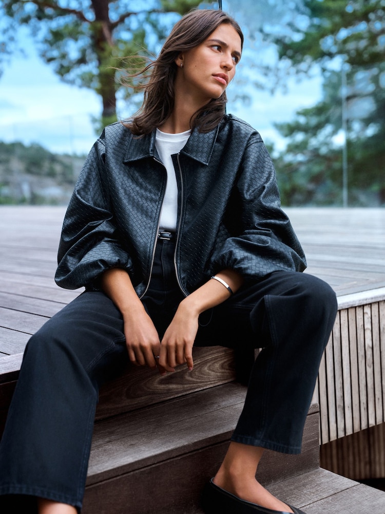Black Faux Leather Basketweave Bomber Jacket - Image 2 of 7 Black Faux Leather Basketweave Bomber Jacket - Image 2 of 7