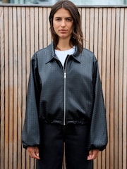 Black Faux Leather Basketweave Bomber Jacket - Image 3 of 7