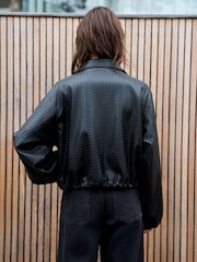 Black Faux Leather Basketweave Bomber Jacket - Image 4 of 7
